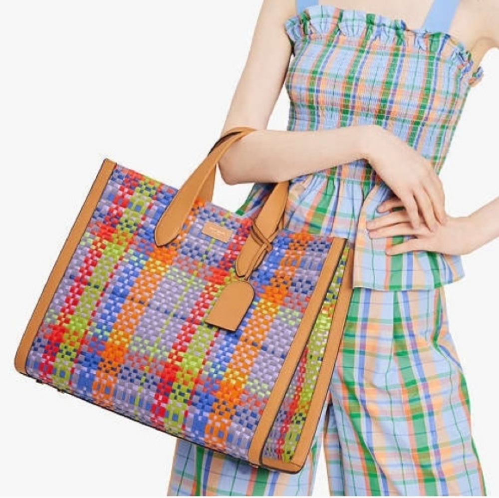 Kate Spade Manhattan Madras Plaid Woven Straw Large Tote - Picture 2 of 6